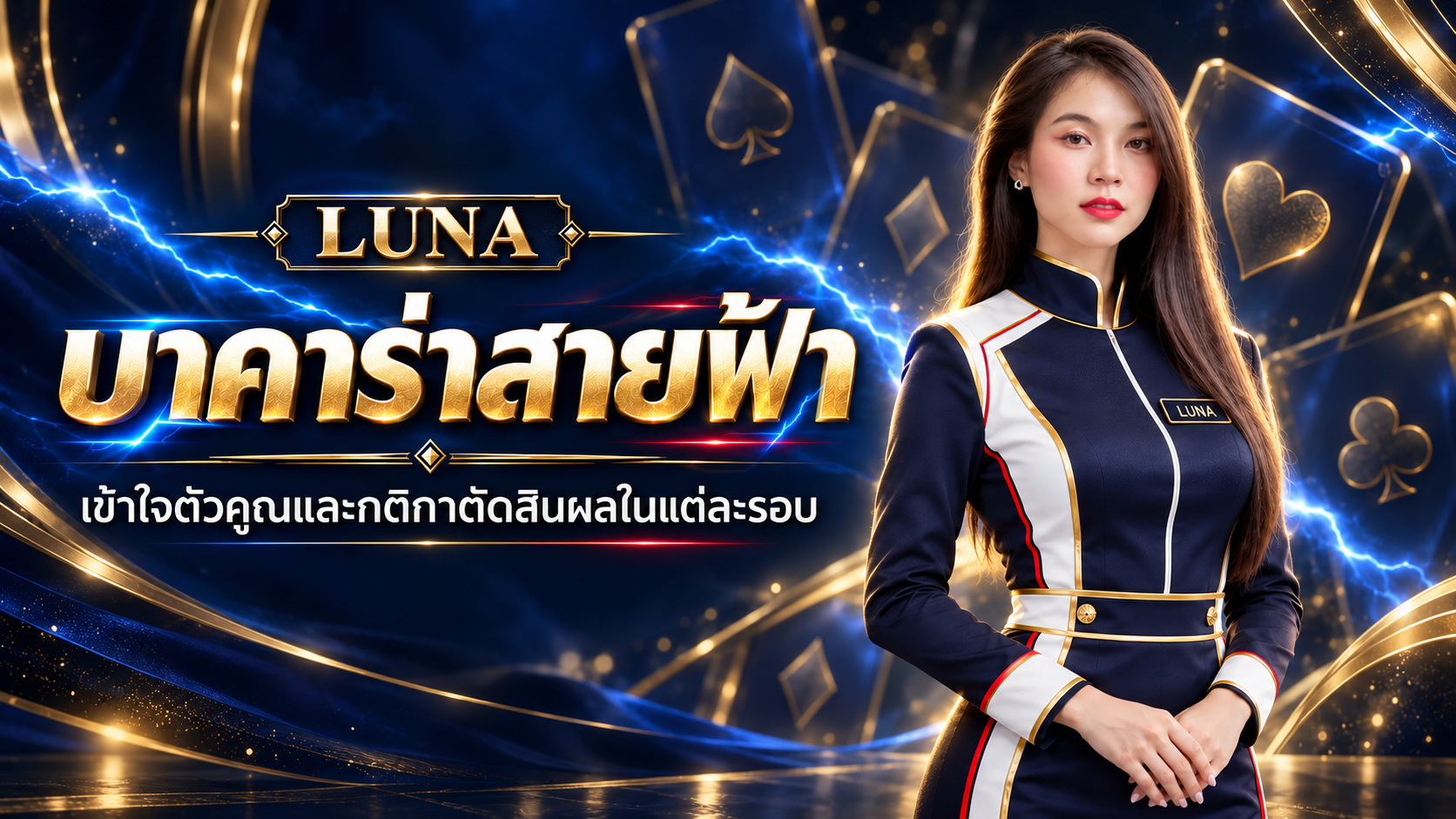 แบนเนอร์ LUNA บาคาร่าสายฟ้า อธิบายตัวคูณและกติกาตัดสินผลในแต่ละรอบ พร้อมภาพโฮสต์หญิงในชุด LUNA